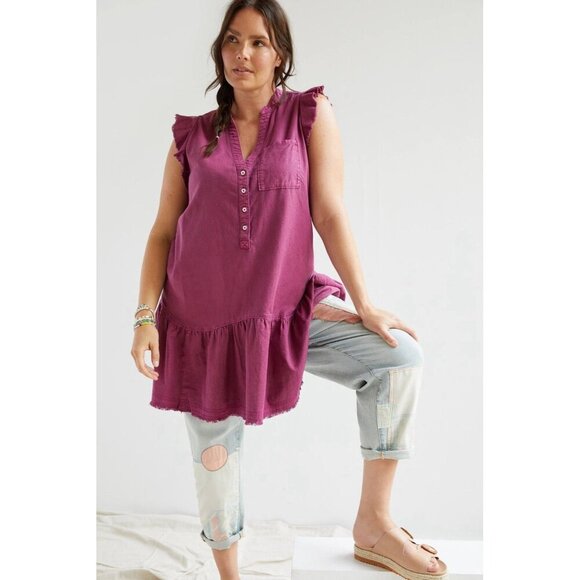 Anthropologie Pilcro Dress Sz S Plum Ruffle V-Neck Flounced Raspberry Tunic - Picture 2 of 14